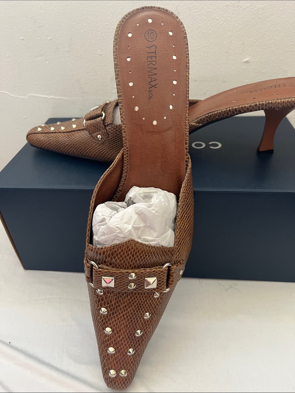 Brown Studded Pointed-Toe Mule Sandals